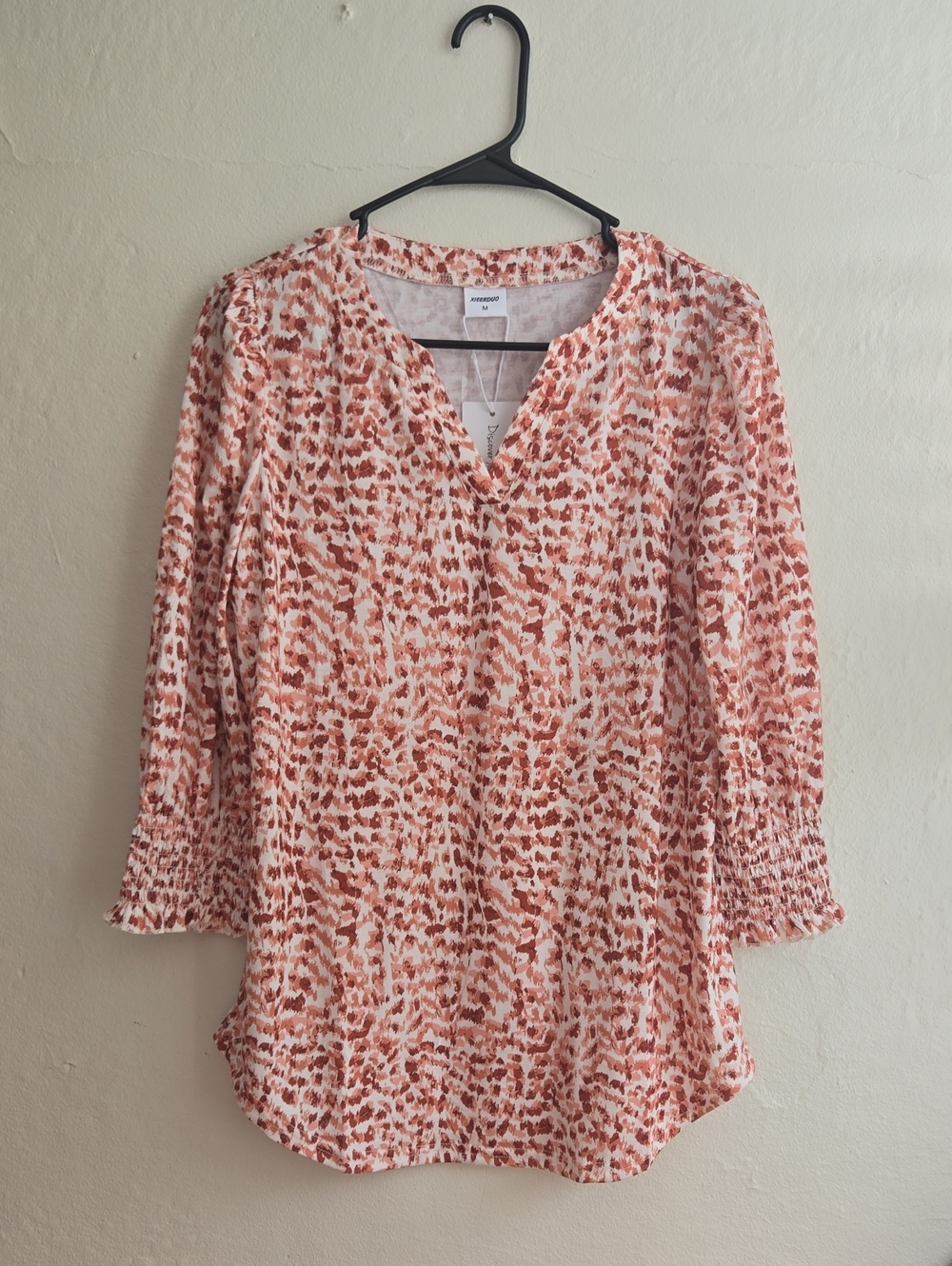 Smocked Cuff V-Neck Blouse in Terracotta and White